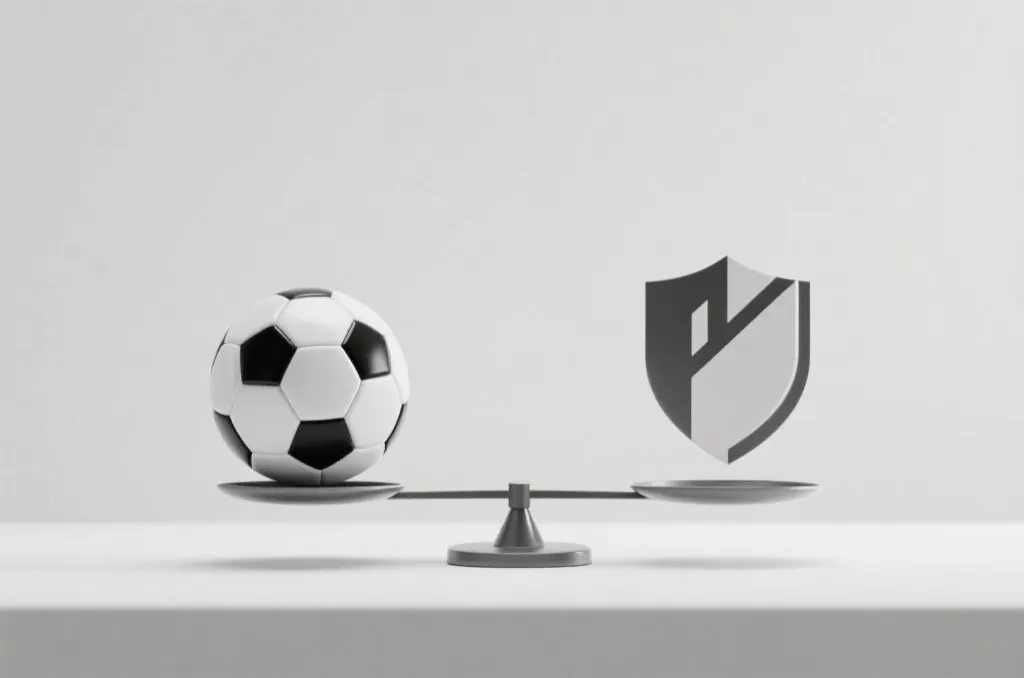 A balanced scale with a soccer ball on one side and a modern abstract shield icon on the other, representing balance and protection, clean studio setup