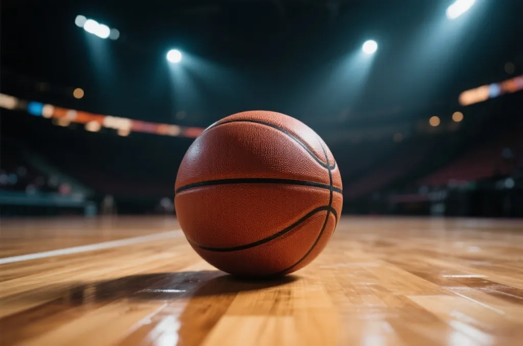 A generic close-up of a basketball resting on a polished wooden court floor under dramatic arena lighting
